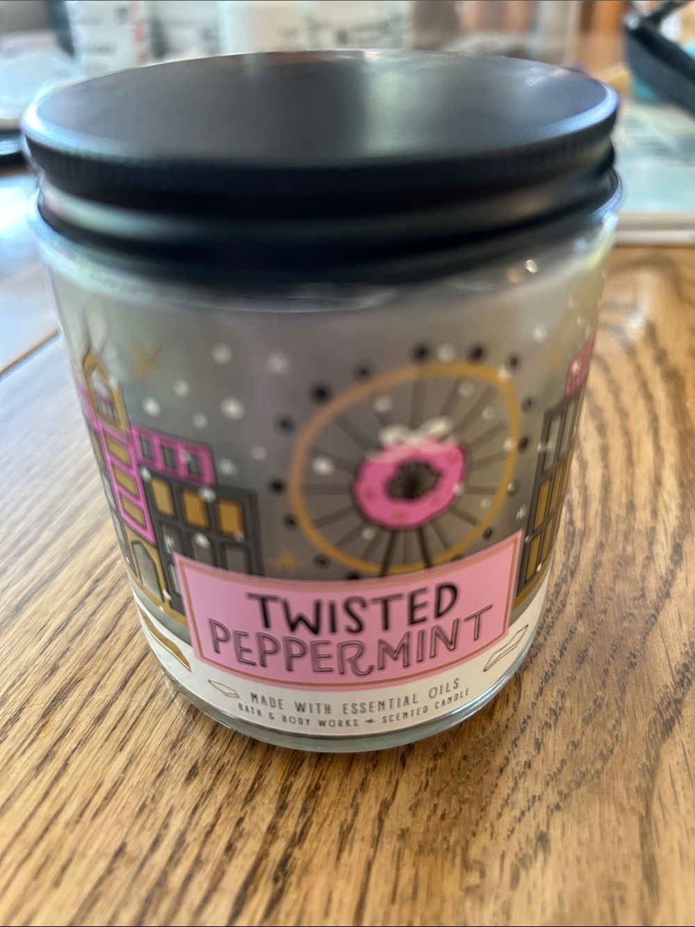 Bath & Body Works Twisted Peppermint Candle - Pink & Gray Jar with Gold Accents